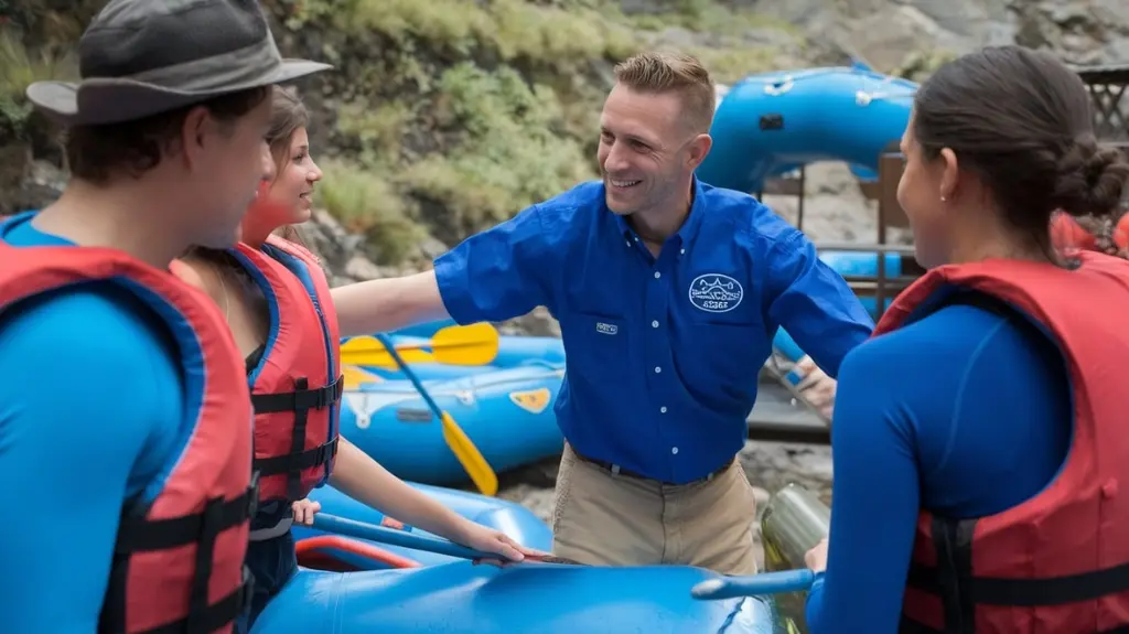 Rafting outfitter staff assisting customers with gear and instructions