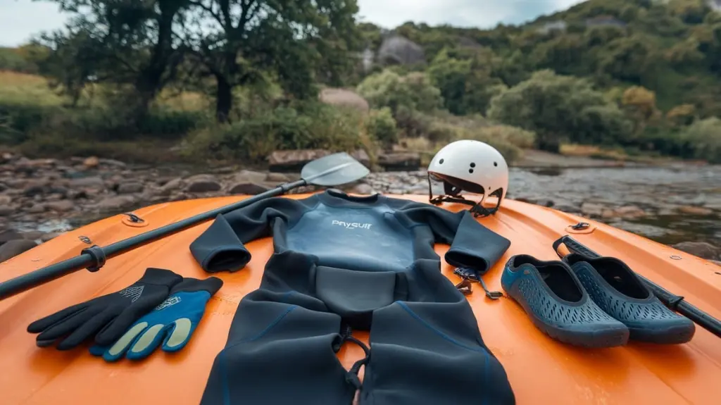 Flat lay of drysuit accessories for kayaking and rafting, including gloves, helmet, paddle, and water shoes.