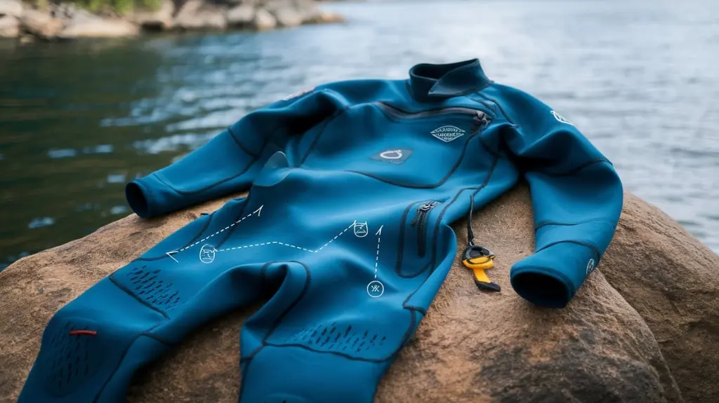 Annotated image showcasing essential features of a rafting wetsuit, including zippers and reinforcements.