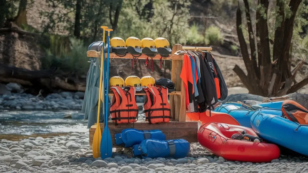 Essential rafting gear for a white water trip in Gatlinburg, featuring helmets, life jackets, and paddles.