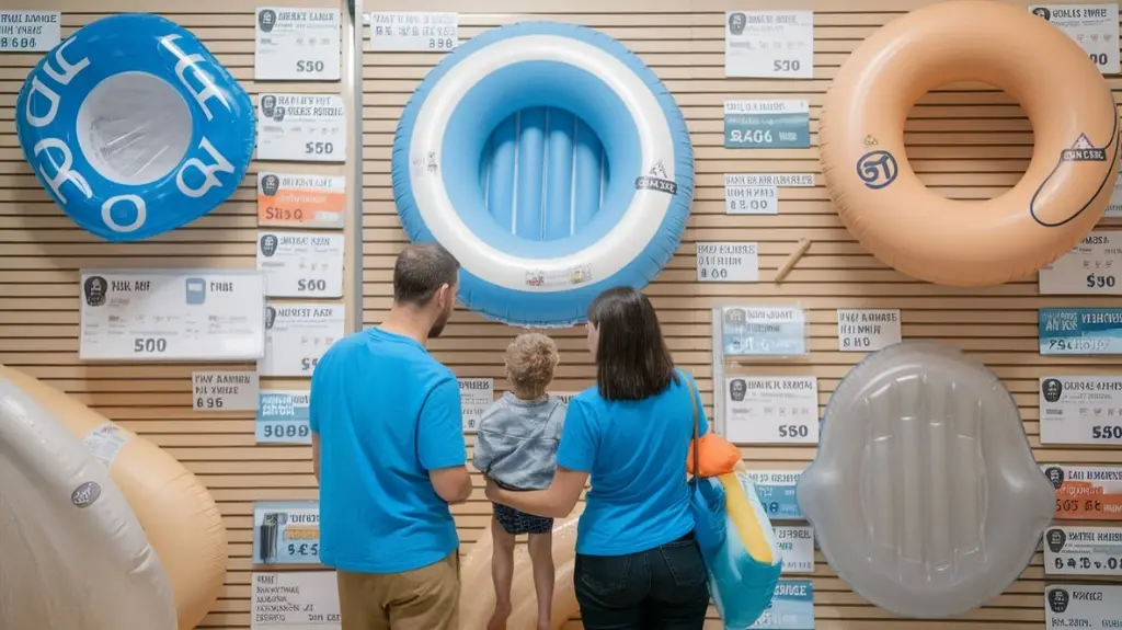 Family reviewing a buying guide for selecting the best float options, featuring price tags and safety ratings.