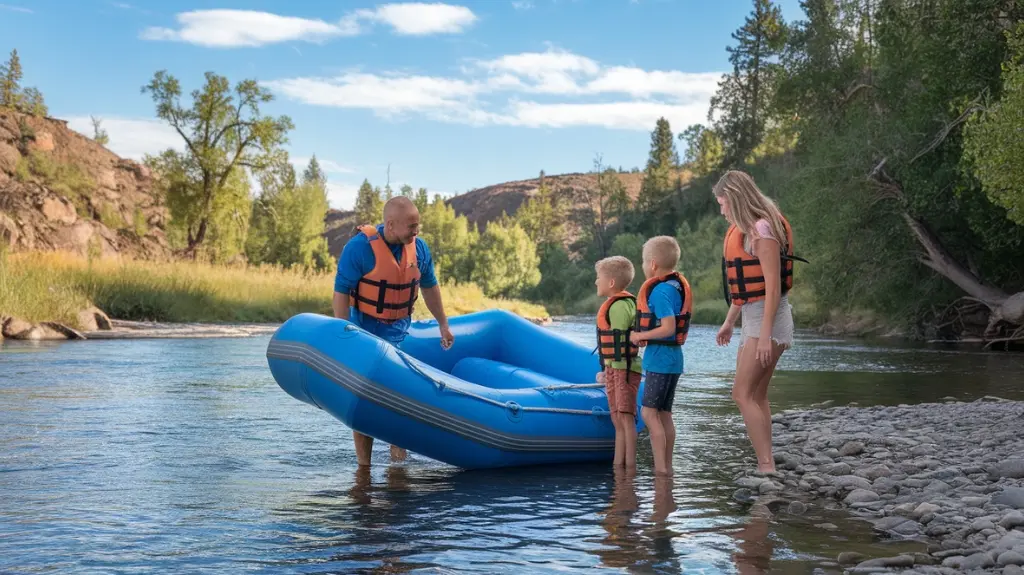 Family preparing to embark on a river float trip, standing by the river with an inflatable raft and excited expressions.