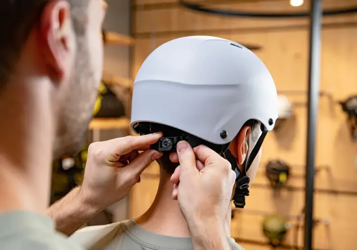 Person adjusting the rear dial of a whitewater helmet to find the perfect, secure fit.