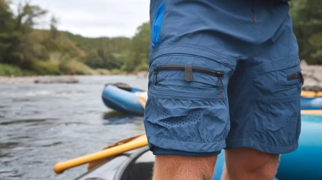 Close-up of functional features in rafting shorts, including zippered pockets and secure waistbands, perfect for river adventures.