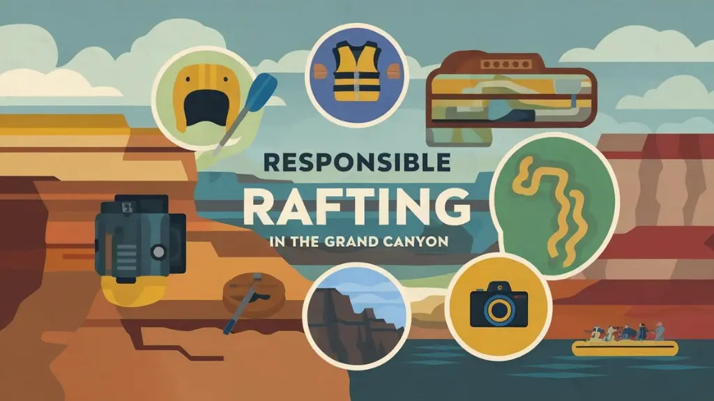 Infographic of tips for a responsible Grand Canyon rafting experience, emphasizing safety and conservation.