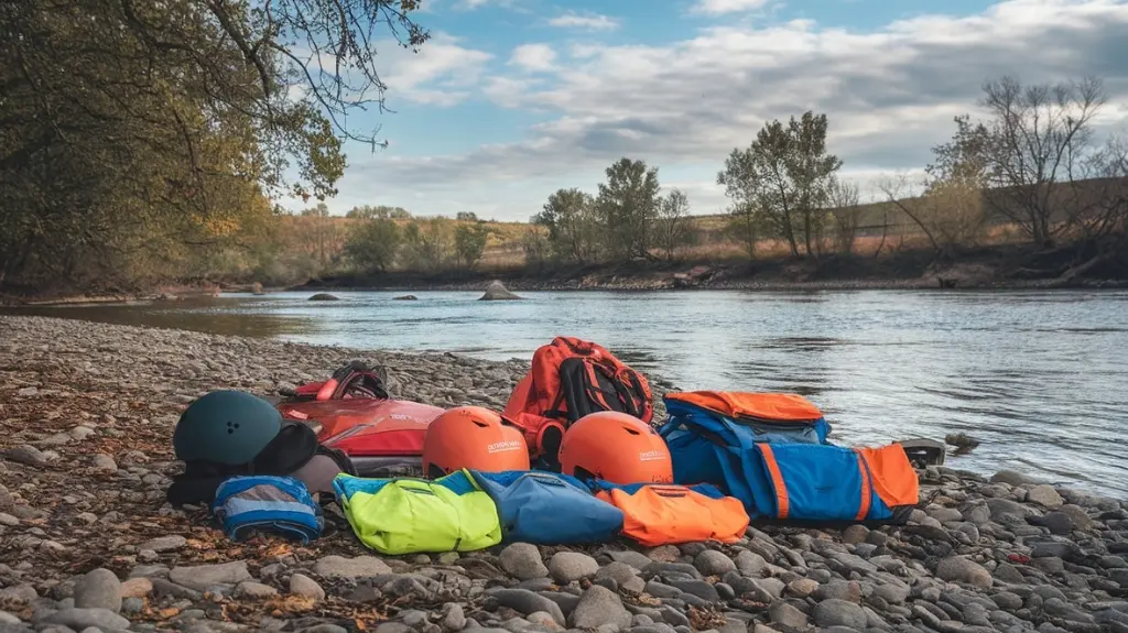 Essential rafting gear laid out on a riverbank for Jackson Hole rafting trip preparation, including helmets, life vests, and waterproof bags.