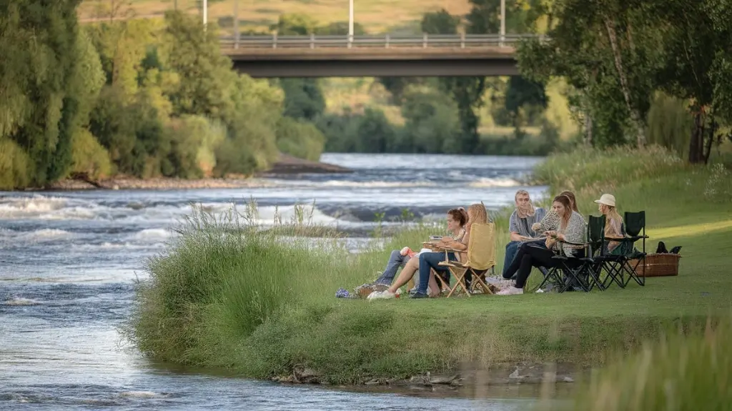 Group relaxing near Kaituna River after rafting, enjoying nearby nature trails and scenic picnic spots for a perfect post-adventure experience.