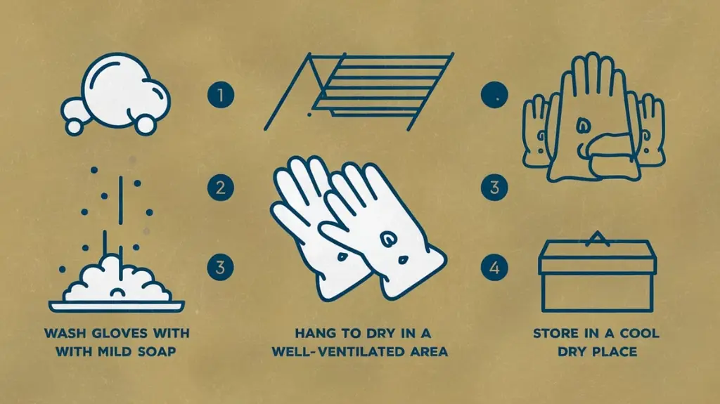 Step-by-step guide for maintaining and caring for rafting gloves, illustrating cleaning, drying, and storing tips.