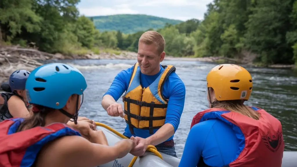 Professional rafting guide assisting adventurers with safety gear by the Ocoee River, representing the importance of choosing the right outfitter.