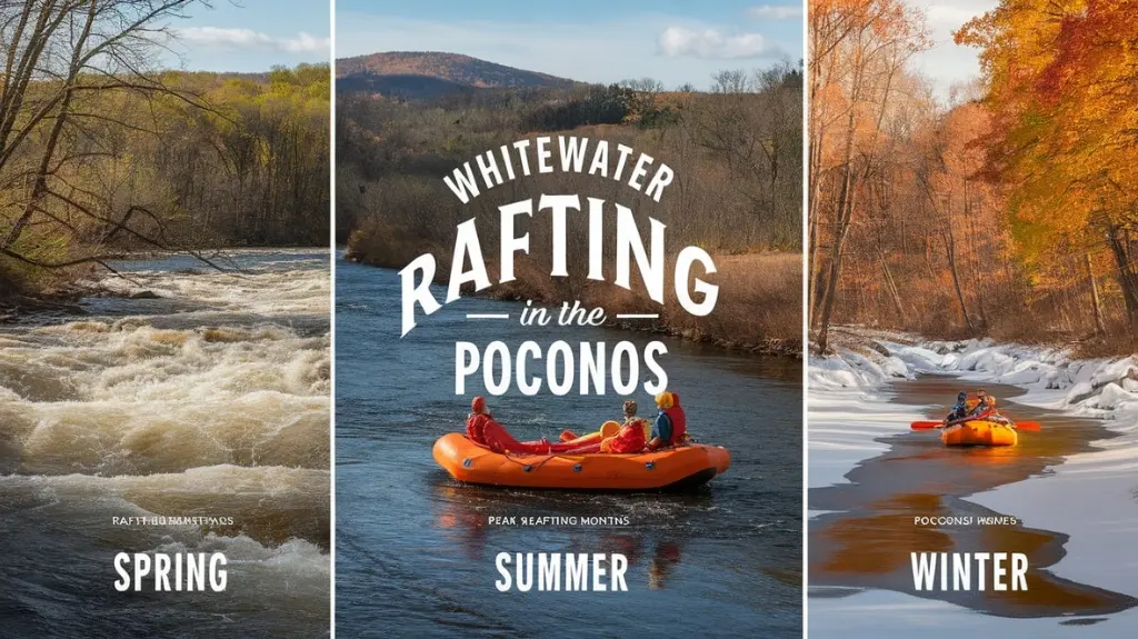 Seasonal guide chart showing the best times for whitewater rafting in the Poconos, with images representing each season.