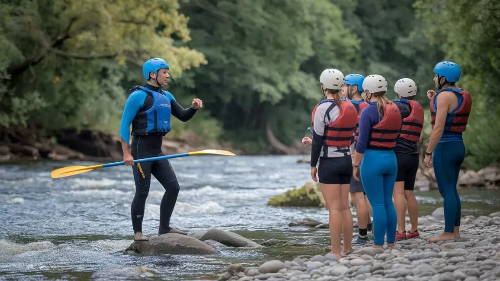 Professional rafting guide instructing a group on safety procedures before rafting.