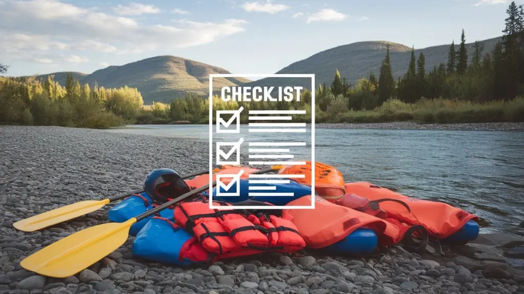 Rafting gear laid out on a riverbank with a checklist overlay for essential pre-trip planning.