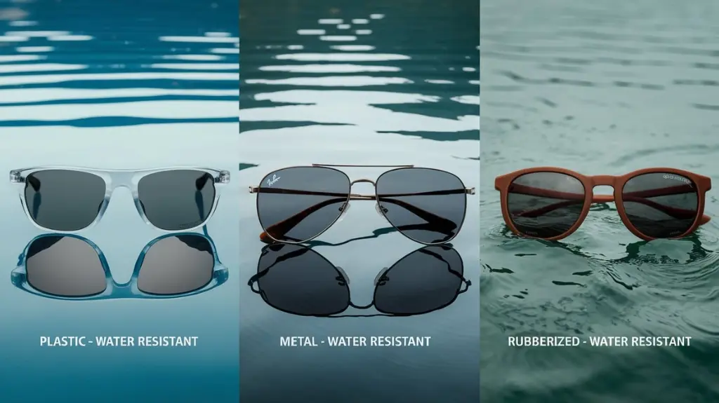 Different frame materials for rafting sunglasses, showcasing plastic, metal, and rubberized finishes for durability.