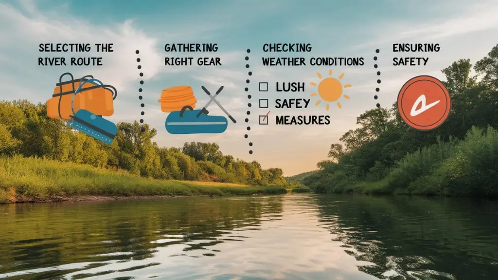 Rafting trip planning checklist including river routes, gear, weather checks, and safety preparations.