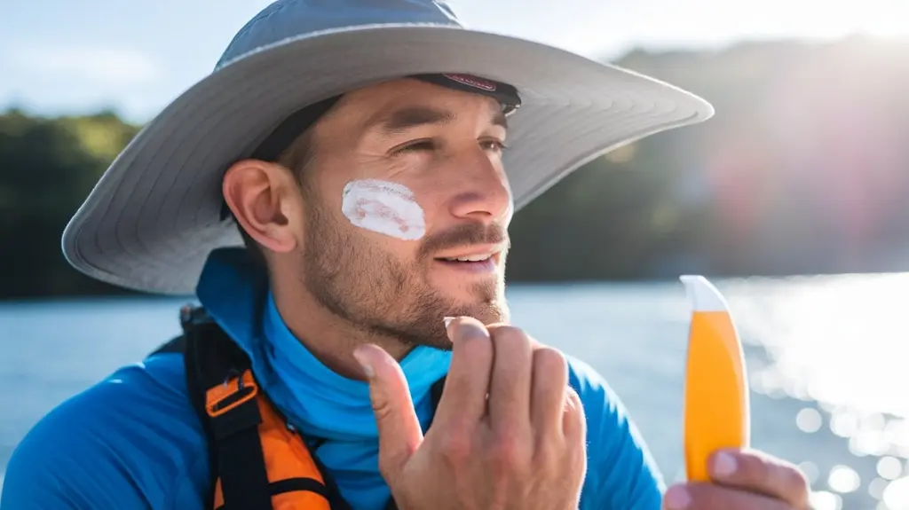 Rafter applying sunscreen while wearing UV-protective clothing and a wide-brimmed hat to shield against the sun.