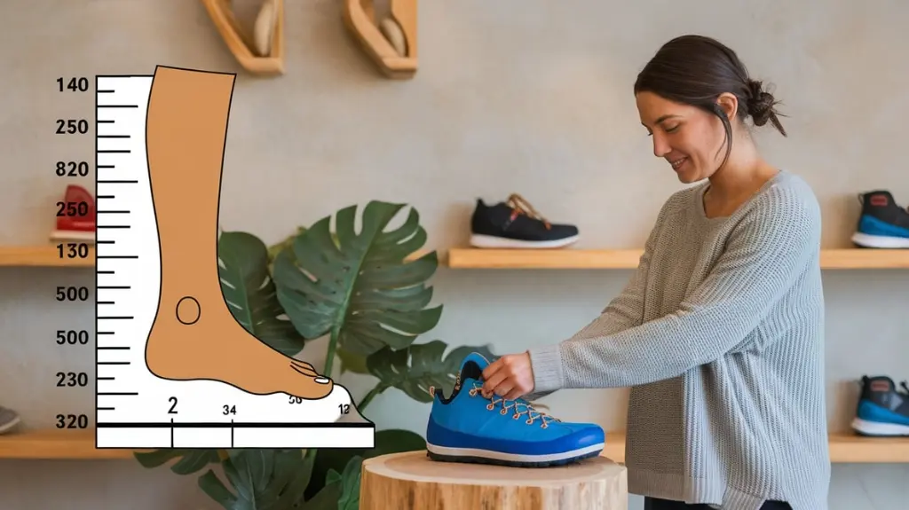 Illustration of sizing and fit guidelines for women's white water rafting shoes, including a foot measurement chart and size comparison table.