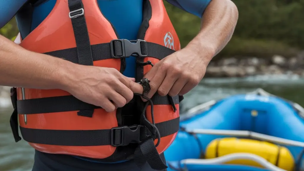 A person properly sizing and fitting a PFD for rafting, adjusting straps and checking comfort.