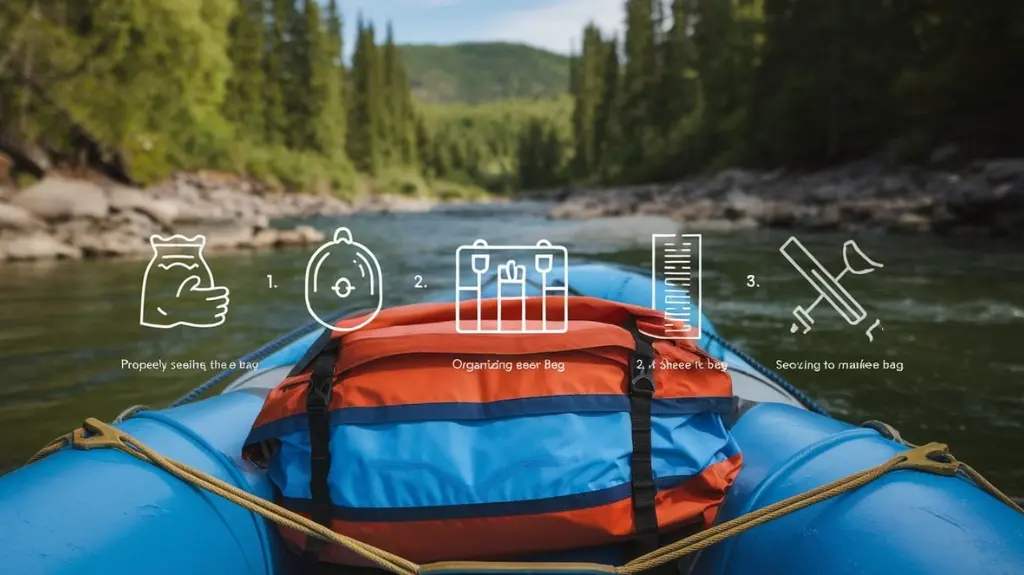 Step-by-step guide illustrating tips for effective rafting bag use, including sealing, gear organization, and securing the bag on a raft.