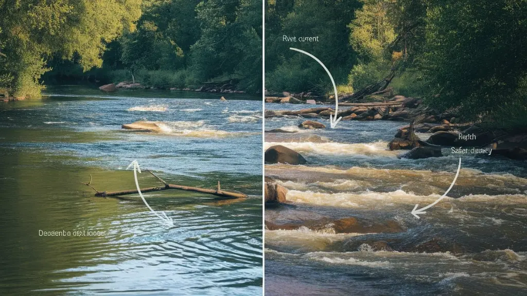 Educational image illustrating different river conditions affecting rafting safety, including calm waters and rapids.