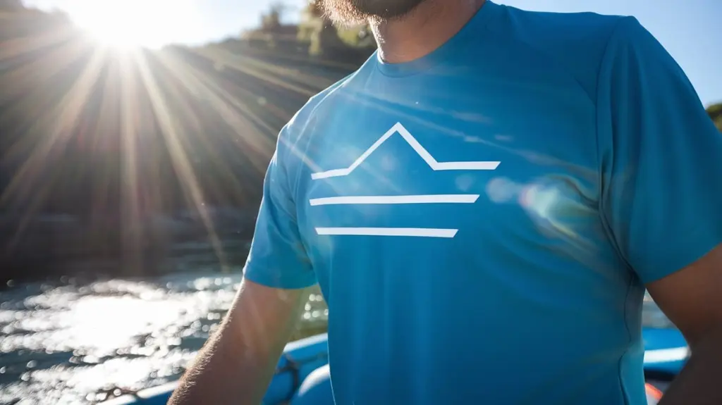 Illustration of a UV-protective canoeing t-shirt keeping a person safe under the sun during a rafting adventure.