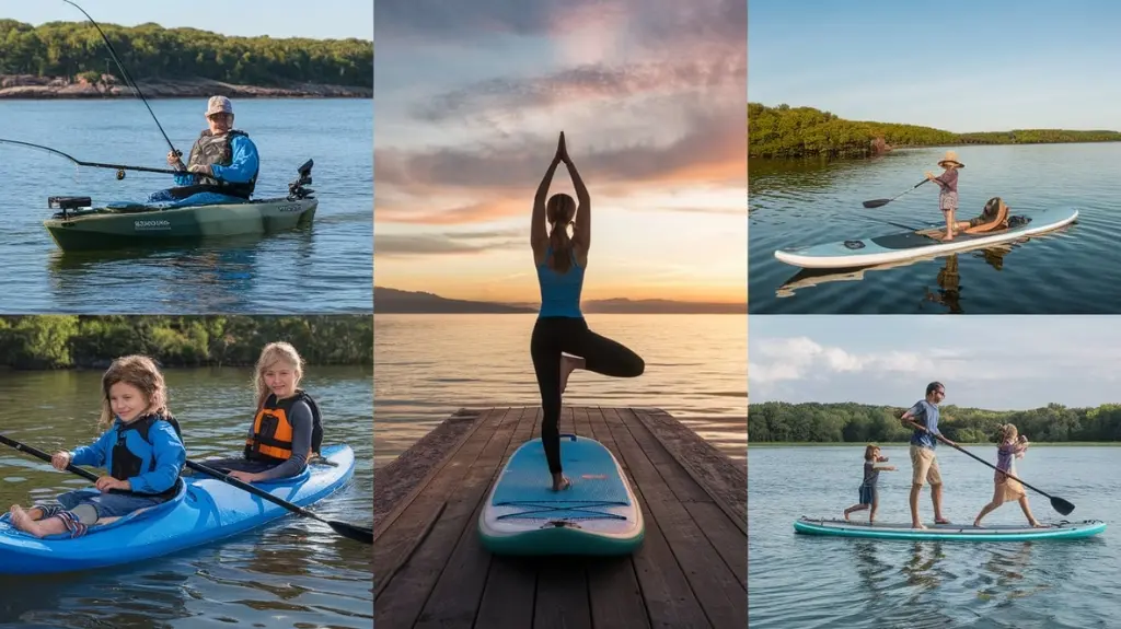 Collage of activities featuring fishing from a kayak, yoga on a paddle board, and family outings, showcasing the versatility of both crafts.