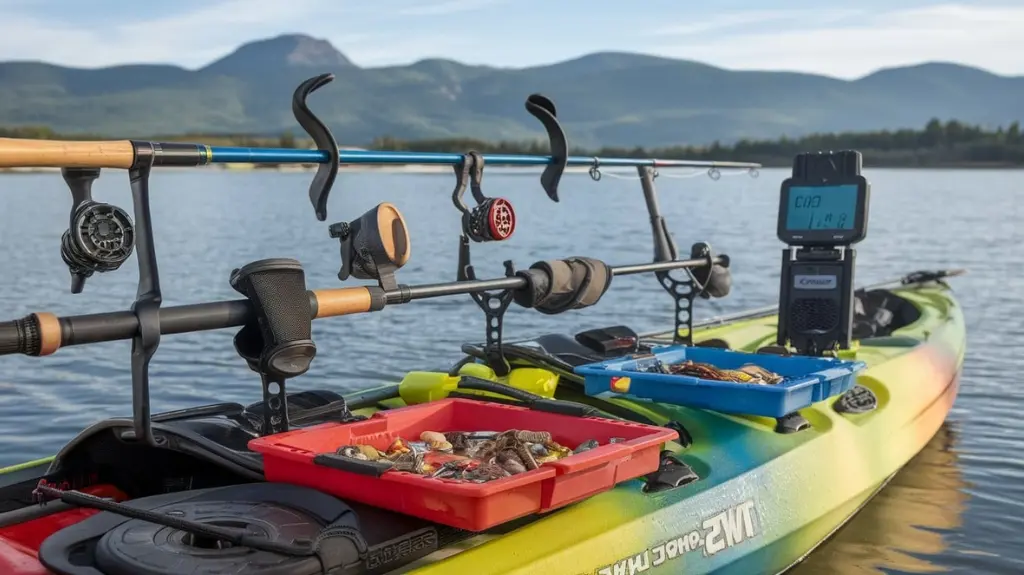 Montage of top-rated kayak paddle fishing gear for 2025, highlighting ratings in an outdoor fishing setting.