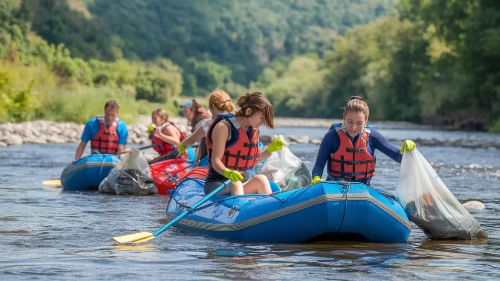 Rafters cleaning up a riverbank, promoting environmental awareness and conservation efforts in rafting.