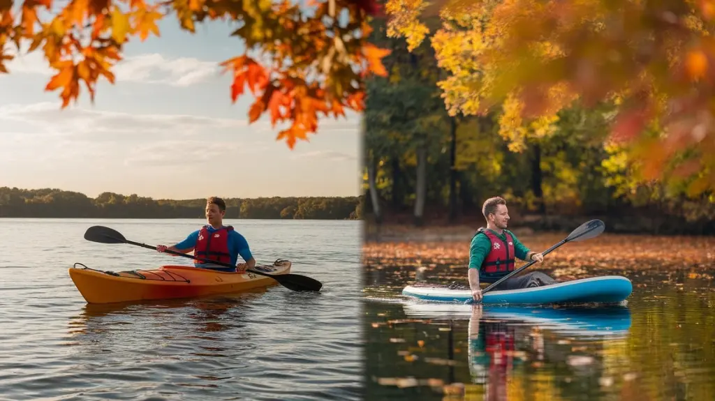 Outdoor scene of kayaking and paddle boarding in different seasons, illustrating environmental and seasonal considerations.