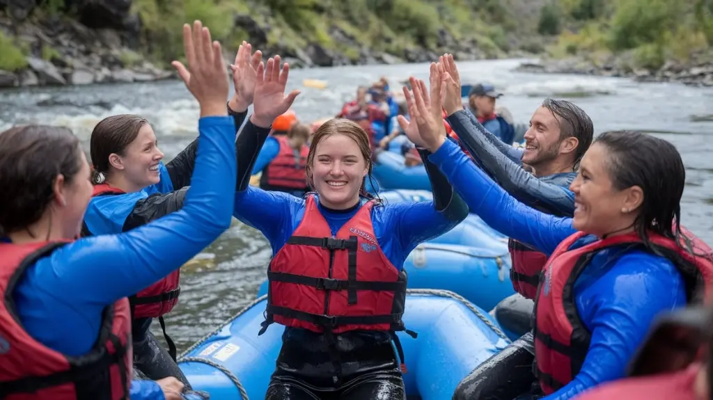 Group of happy rafters celebrating after Ocoee River rafting trip