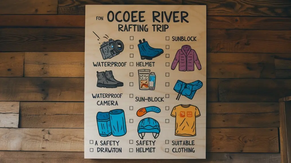 Checklist of essential items for an Ocoee River rafting trip, including sunblock, waterproof camera, and safety helmet.