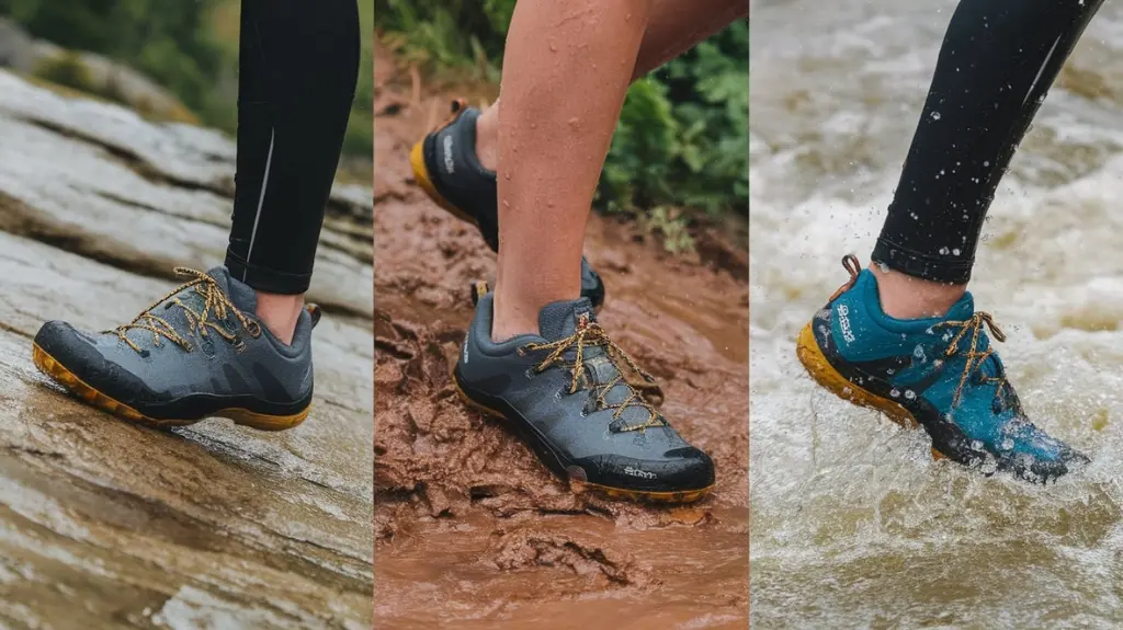 Women's white water rafting shoes performing on slippery rocks, muddy terrain, and in fast-flowing water.