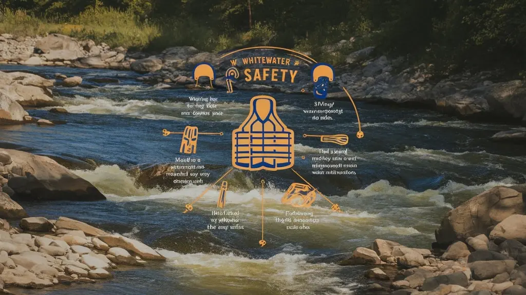 Infographic depicting essential safety measures and guidelines for whitewater rafting in the Poconos, including safety equipment.