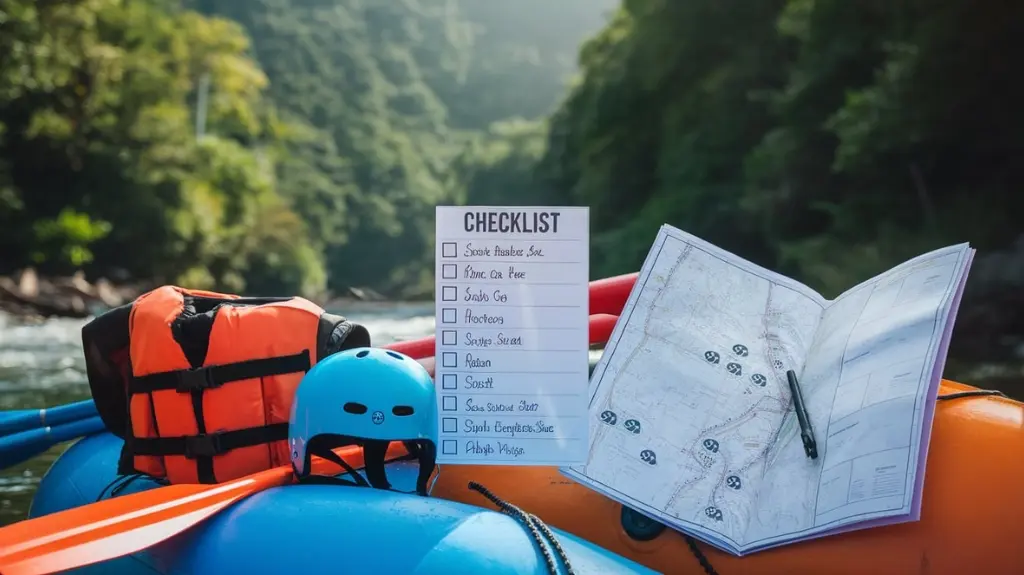 Checklist and rafting gear against an open map, highlighting the importance of pre-trip preparation for safety.