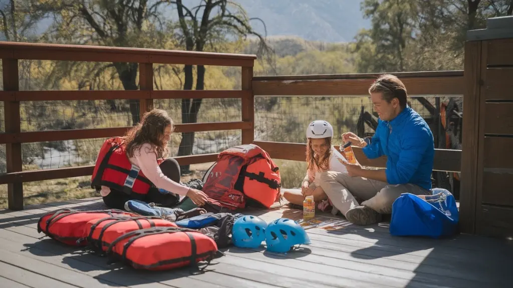 Family packing gear for a Colorado rafting trip, including life jackets and dry bags, with a checklist for preparation.