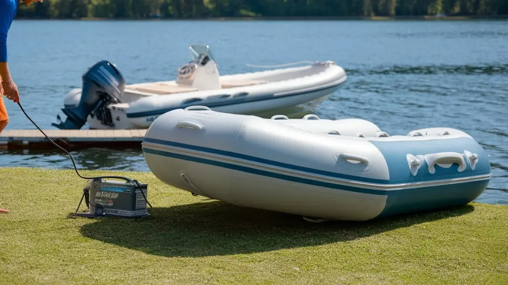 Inflating an inflatable boat and preparing it for a trip with motor and gear.