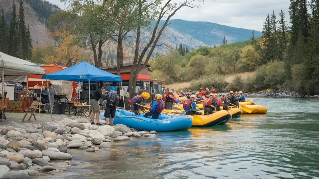 Rafters preparing to launch from a popular rafting hub and access point in Colorado.