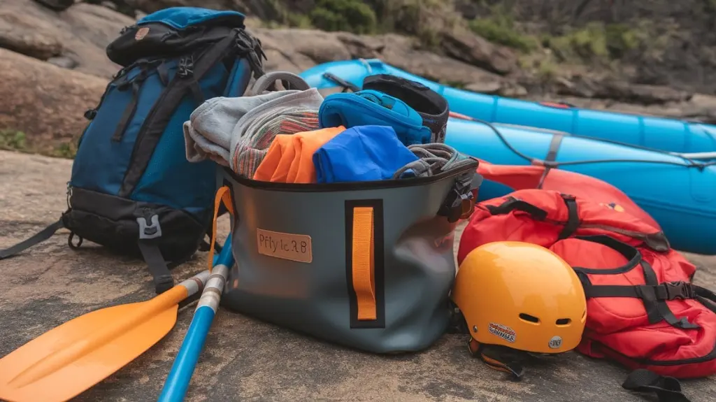 Waterproof dry bag packed with essential river rafting clothing and gear, featuring packing tips and labels.