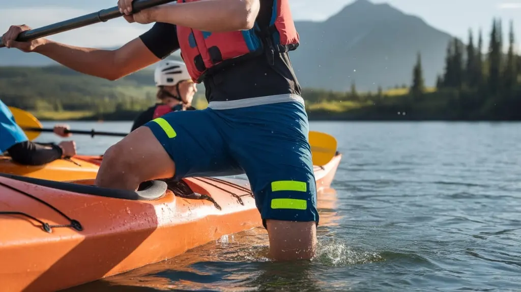 Image highlighting safety and functionality features of kayaking shorts, including reflective strips and quick-release waistbands.