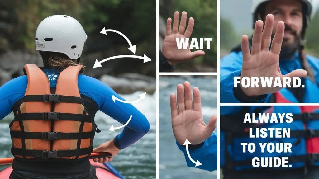 Infographic on safety protocols for white water rafting in Gatlinburg, including helmet fitting and hand signals.