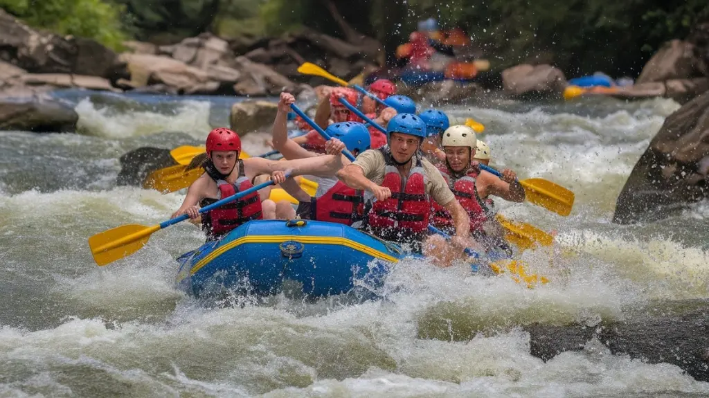 Rafting participants demonstrating safe rafting techniques on a river, showcasing teamwork and navigation skills.