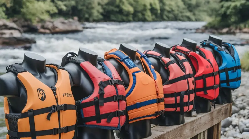 Recommended PFDs for beginner, intermediate, and advanced rafters, displayed by a river with rapids.