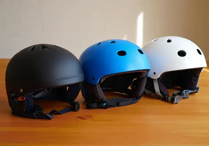 Display of three top recommended whitewater rafting helmets showcasing different styles and features.