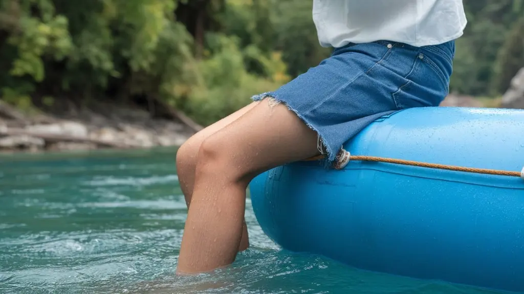 Person wearing uncomfortable, water-soaked denim shorts while rafting, highlighting what not to wear for river adventures.