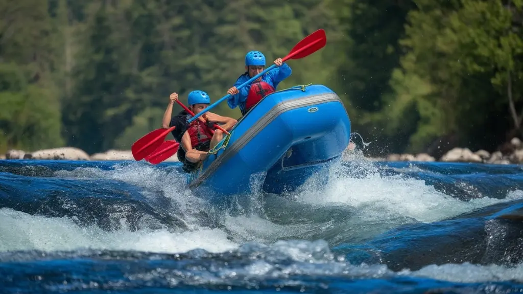 Rafters using advanced paddling techniques to navigate challenging whitewater rapids with precision.