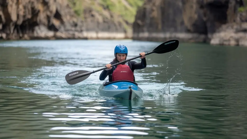 Kayaker demonstrating best paddling techniques on flat water in the New River Gorge.