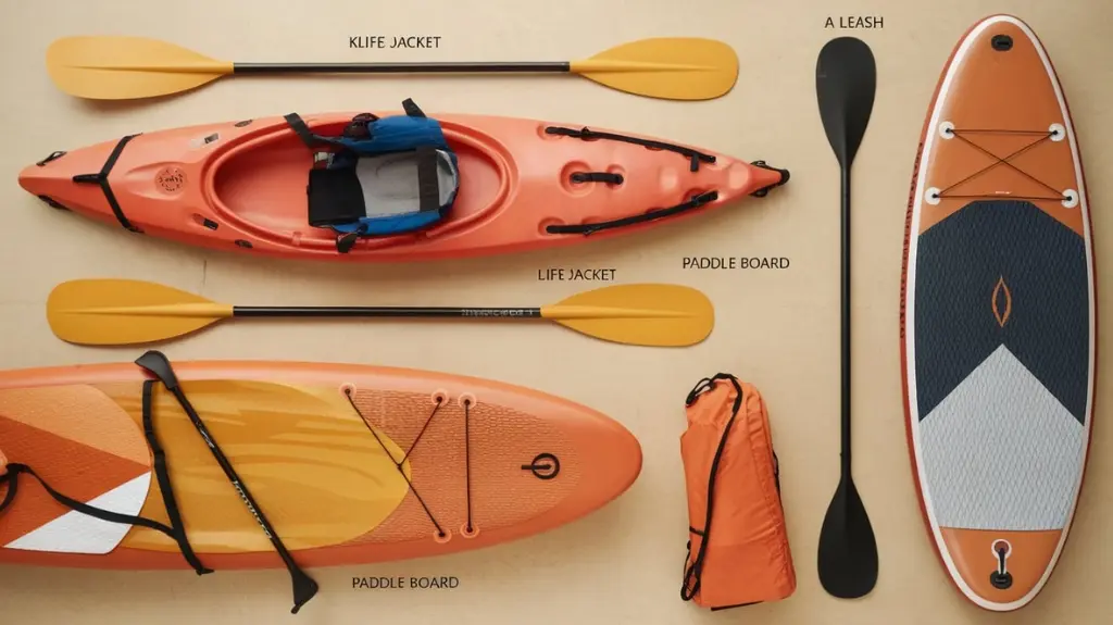 Flat lay of essential equipment and accessories for kayaking and paddle boarding, including paddles and life jackets.