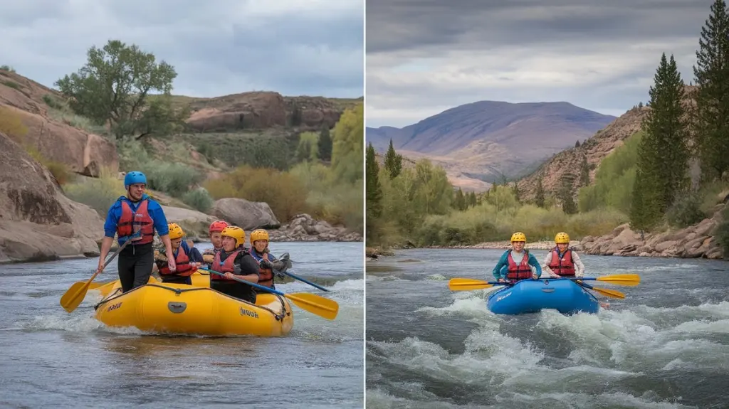 Split image of a guided rafting trip and a self-guided raft on Colorado rivers.