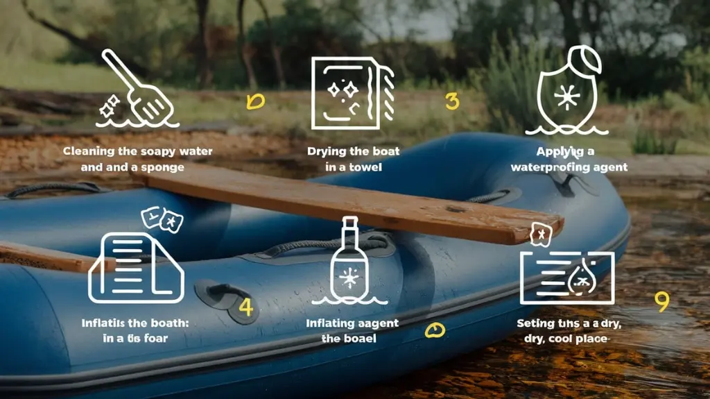 Instructional graphic showing maintenance and care guidelines for inflatable boats, including cleaning and storage tips.