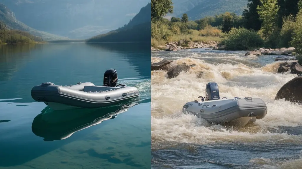 Inflatable boat navigating calm lakes and rough rivers, showing versatility.