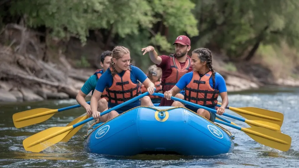 Rafters practicing safety protocols on the river, emphasizing teamwork and communication.